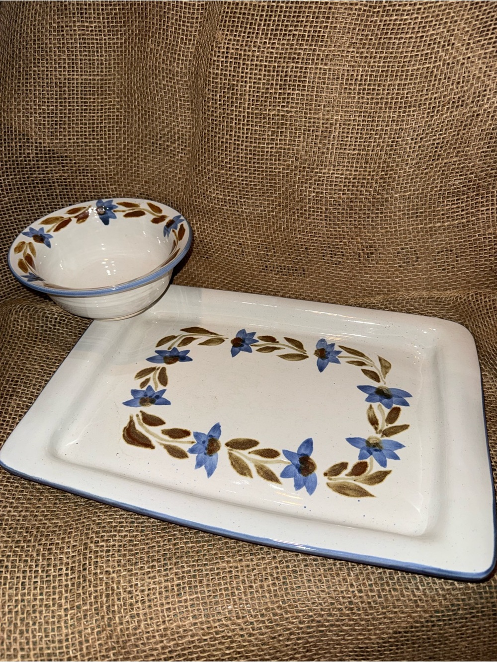 Ceramic Serving Platter and Dip Bowl Set - Blue Floral